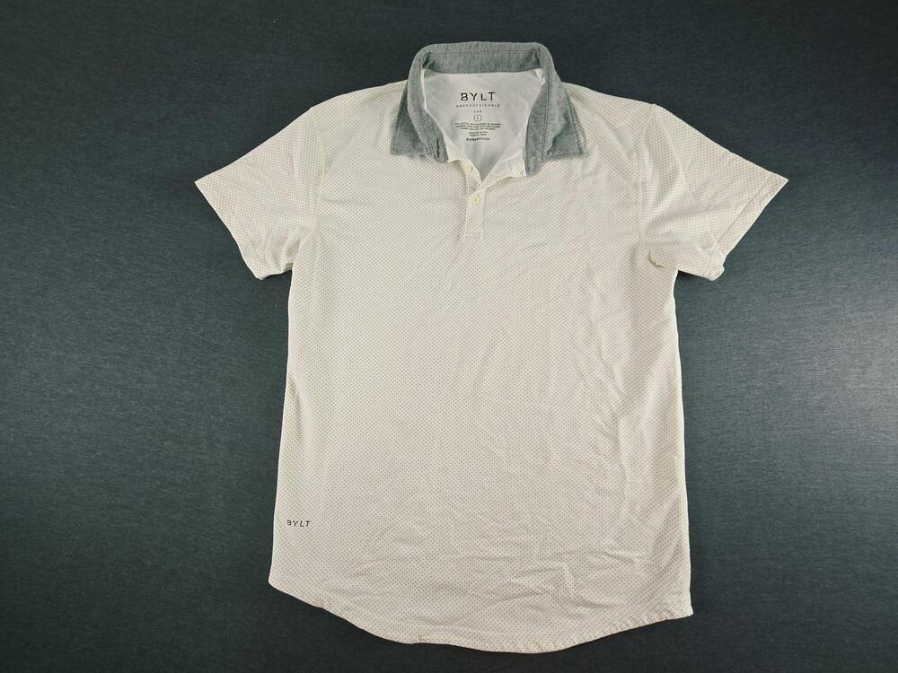 BYLT Polo Shirt Mens Large White Drop Cut Lux Polka Dot Stretch Casual